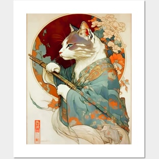 Art Nouveau Traditional Japanese Samurai Cat Posters and Art